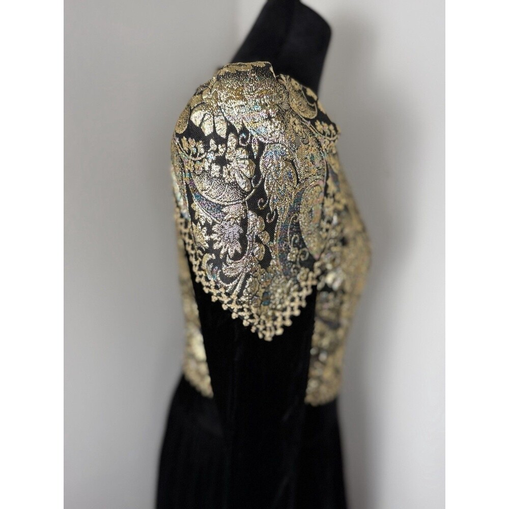 Jessica McClintock Vintage Black Velvet Gold Brocade Dress 12 Prairie Victorian - Picture 6 of 16